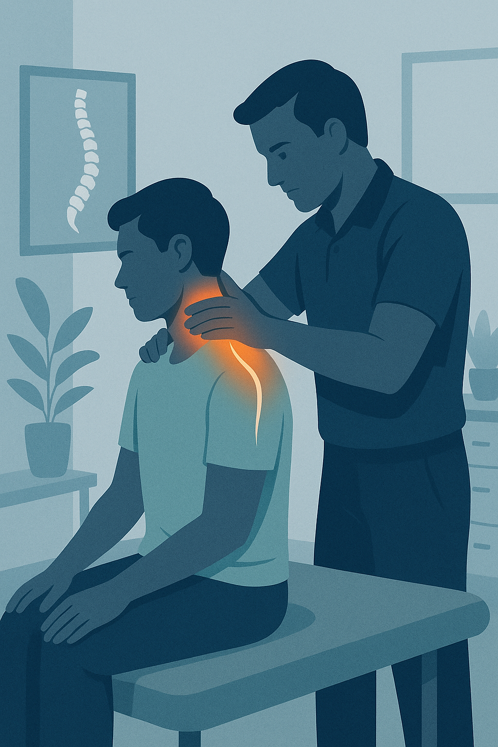 Stylized chiropractor performing a gentle neck and shoulder adjustment on a patient.