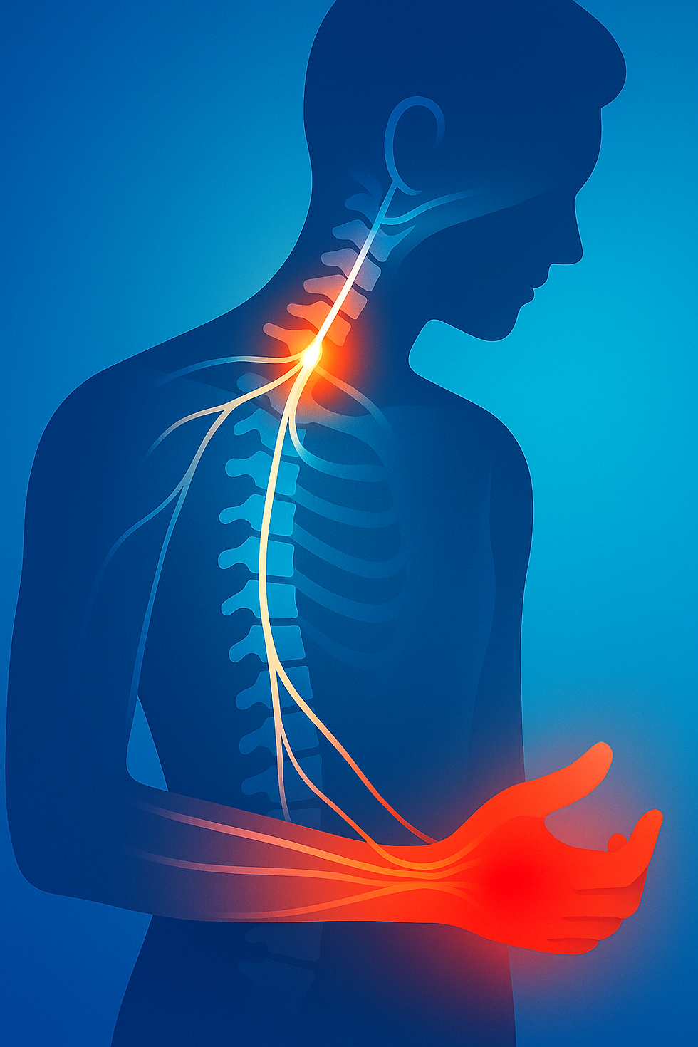 Human silhouette with highlighted nerve pathways showing pain from the neck to the middle finger.