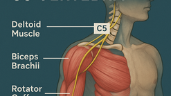 Anatomy illustration of the cervical spine and shoulder muscles highlighting the C5 nerve’s path and its role in shoulder stability—Dopps Chiropractic in Overland Park.