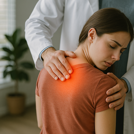 Millennial patient reviews a digital posture scan on a screen, pointing at highlighted spinal areas. The scene shows chiropractic personalization, prevention, and performance-based care for active lifestyles.
