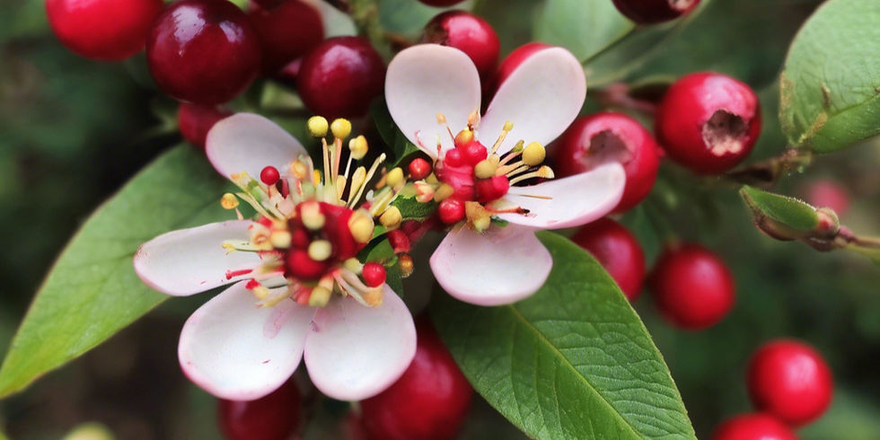 Cranberry white flowers with yellow and red centers surrounded by vivid red berries and green leaves. The background is blurred greenery. By theeconomicbotanist.com