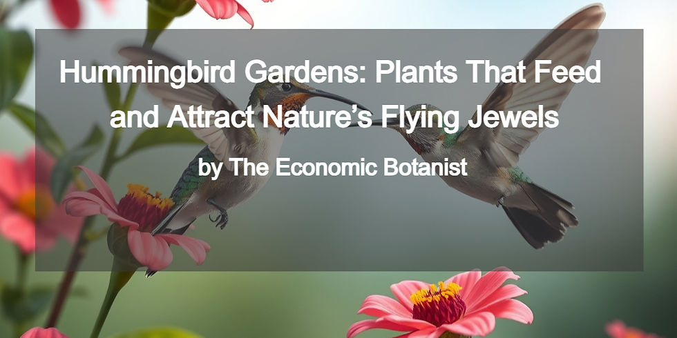Two hummingbirds hover near vibrant pink flowers. Text overlay reads: Hummingbird Gardens by The Economic Botanist. Mood is serene.