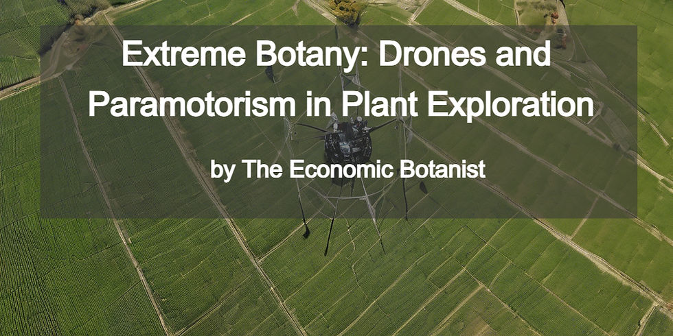 Drone flying over green fields with the text Extreme Botany: Drones and Paramotorism in Plant Exploration by The Economic Botanist.