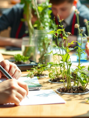 Students study plants at a table with blue liquid in a classroom.