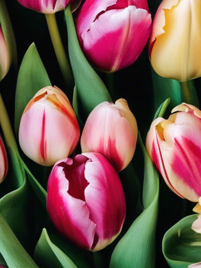 A bunch of pink and yellow tulips with lush green leaves