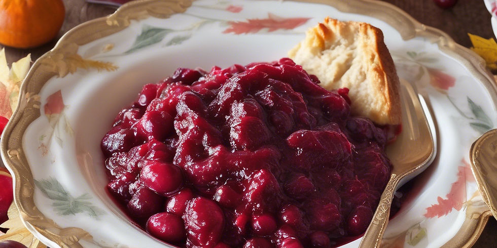 Ornate plate with vibrant cranberry sauce, a slice of bread, and a gold spoon. Autumn leaves pattern; warm, cozy setting. By www.theeconomicbotanist.com