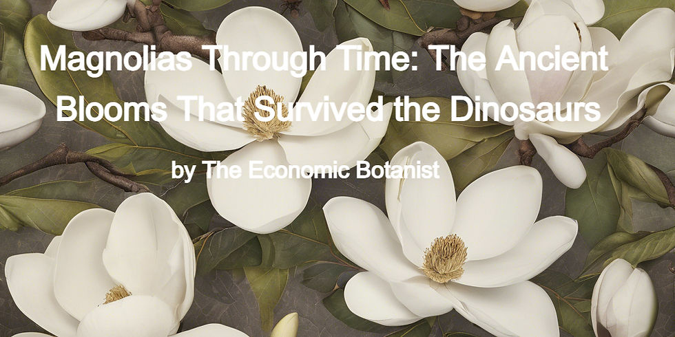 White magnolia flowers with green leaves fill the background. Text reads "Magnolias Through Time: The Ancient Blooms That Survived the Dinosaurs" by The Economic Botanist.