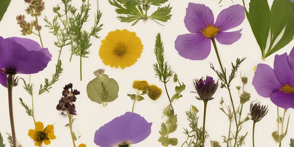 Purple, yellow, and green pressed flowers and leaves arranged on a light background, showcasing delicate patterns and textures. No visible text.