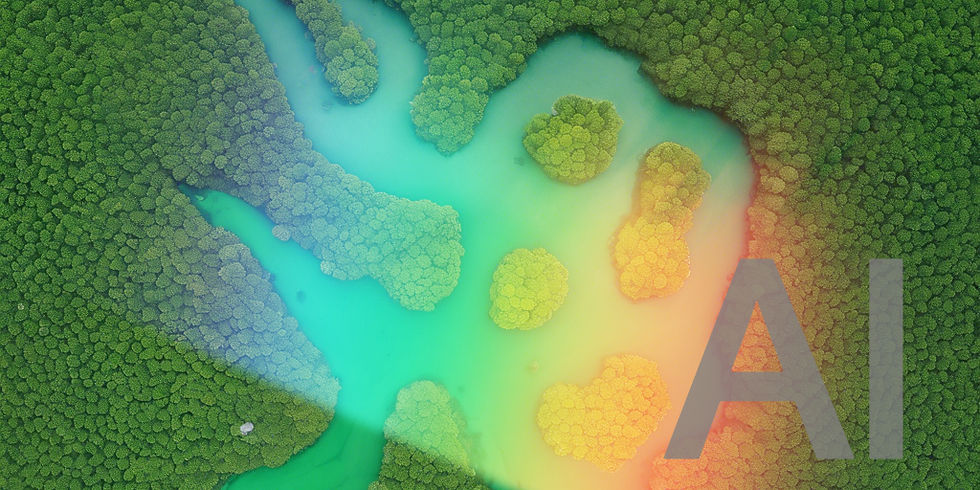 Aerial view of vibrant green forest with blue and orange hues and winding waterways. Large "AI" text overlays the colorful landscape.