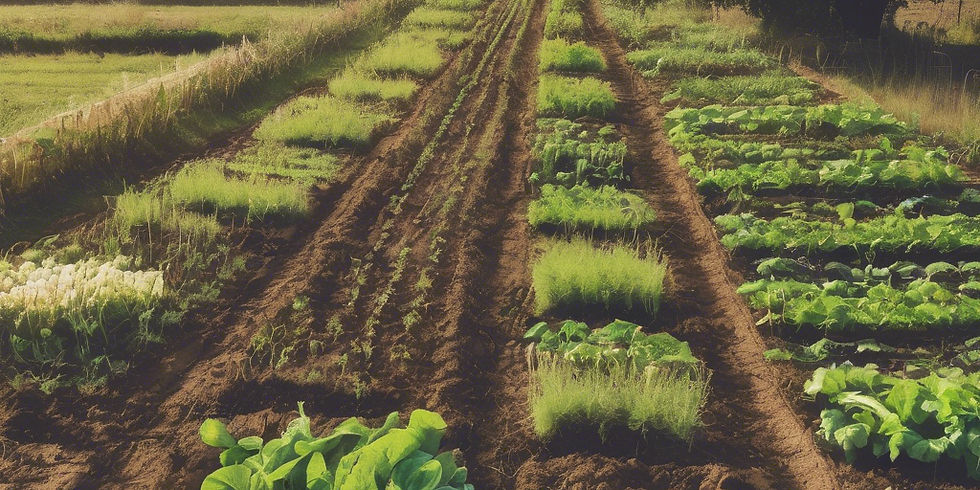 Rows of lush green vegetables grow in a well-organized farm plot under a sunny sky, surrounded by light brown soil, creating a peaceful scene.