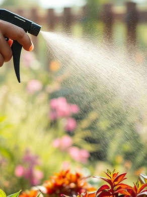 Person spraying plants in a garden with a black nozzle.