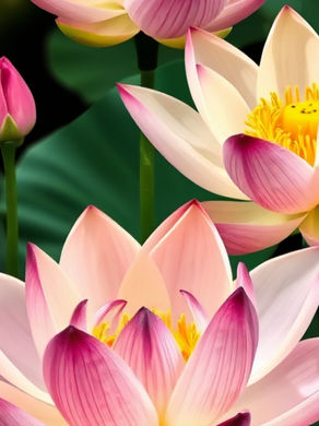 Pink lotus flowers with green leaves in the background.