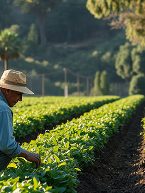 Farmer in a vast green field examines plants under a clear sky.