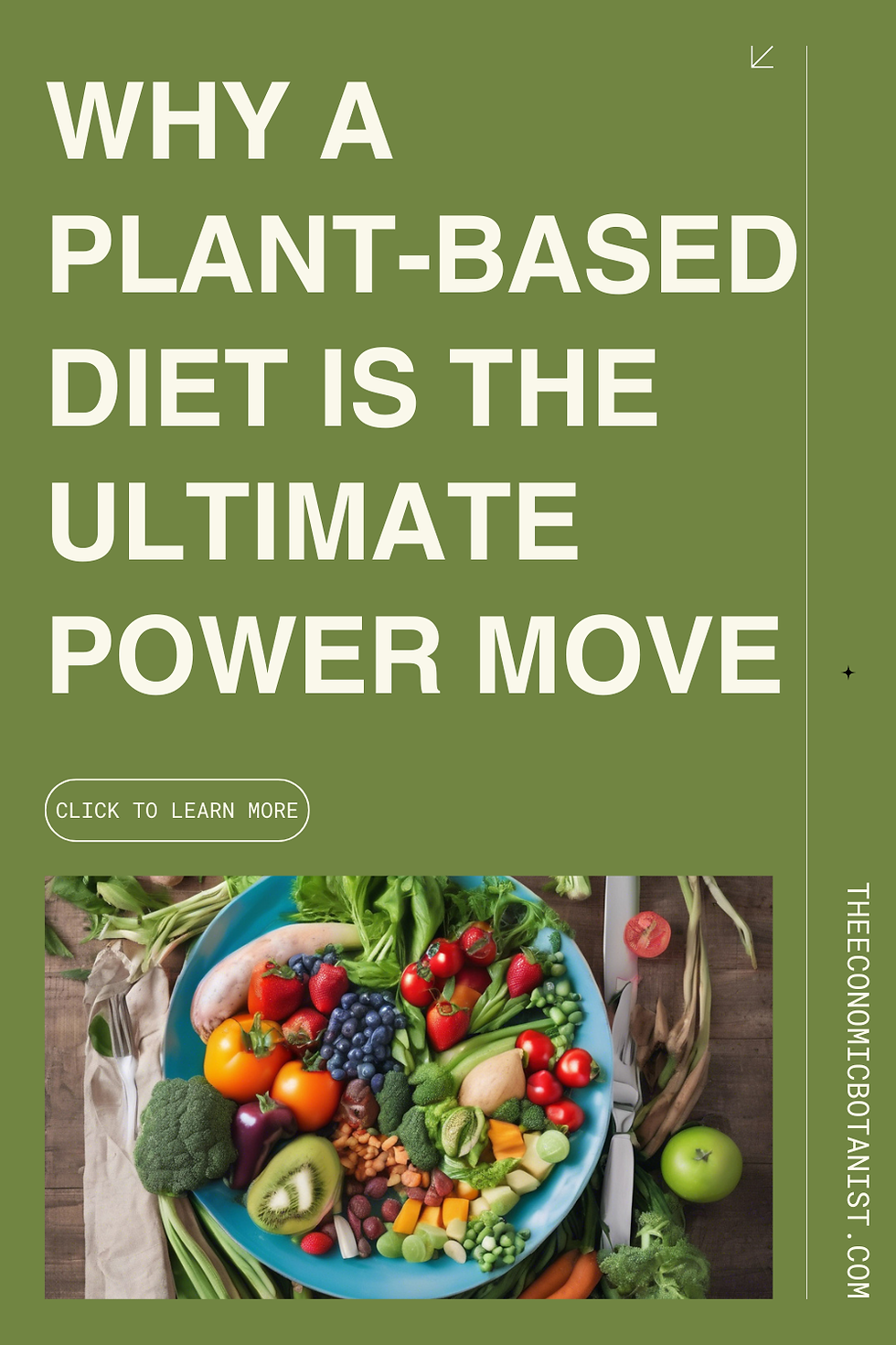 Plant-based diet promo on green background. Text: "Why a plant-based diet is the ultimate power move." Plate of colorful fruits, veggies.