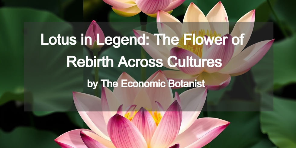Pink lotus flowers with green leaves in the background. Text reads: "Lotus in Legend: The Flower of Rebirth Across Cultures by The Economic Botanist."