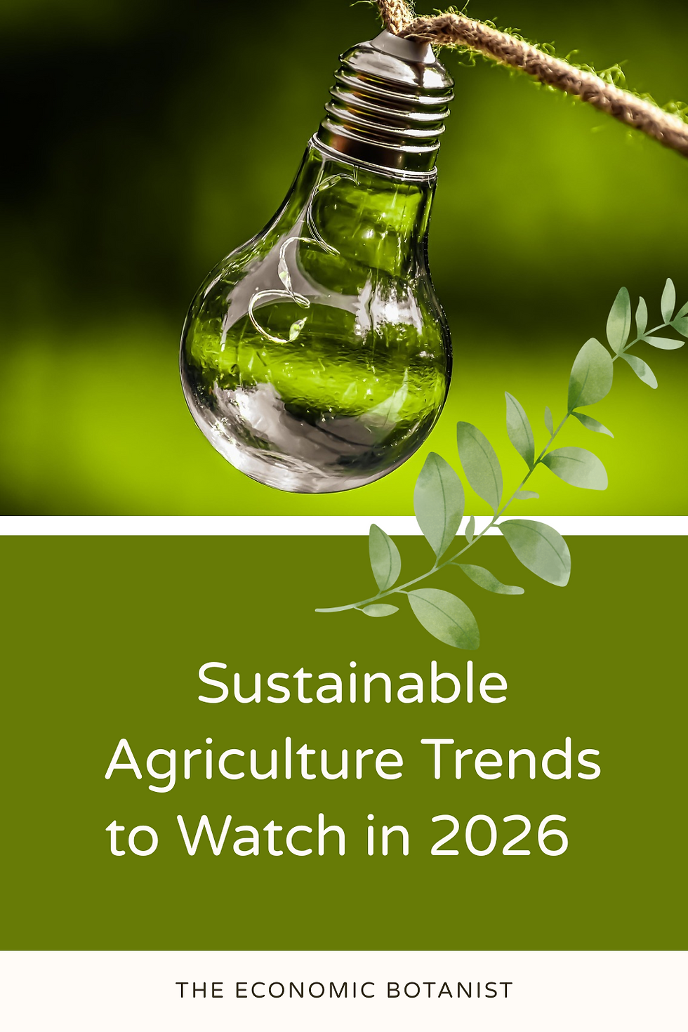 Green lightbulb with plant inside, suspended by rope. Text: "Sustainable Agriculture Trends to Watch in 2026." Mood: Eco-friendly.