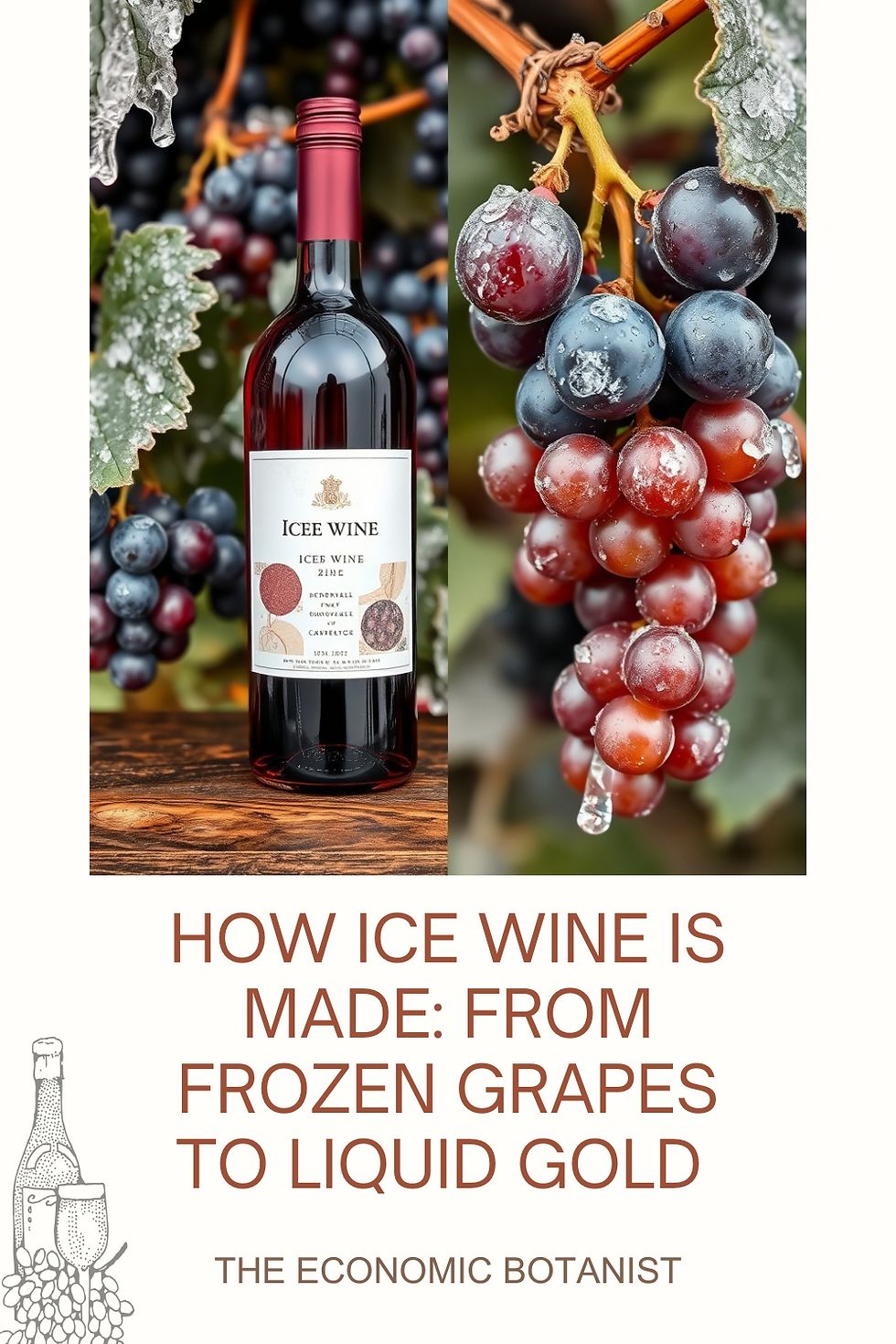 Bottle of ice wine beside frosty grapes on a vine. Text: "How Ice Wine is Made: From Frozen Grapes to Liquid Gold - The Economic Botanist."