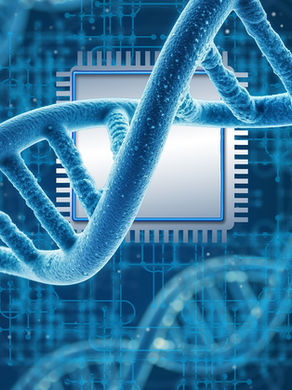 Blue DNA strands intertwined with a microchip on a circuit board background, highlighting the fusion of technology and biology.