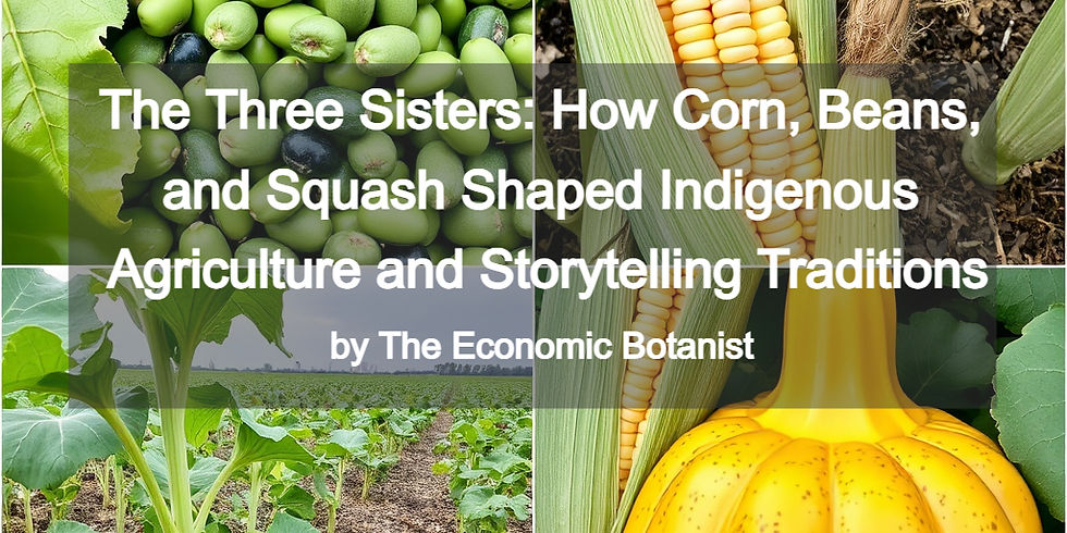 Collage of corn, beans, and squash plants. Text: "The Three Sisters: How Corn, Beans, and Squash Shaped Indigenous Agriculture," by The Economic Botanist.