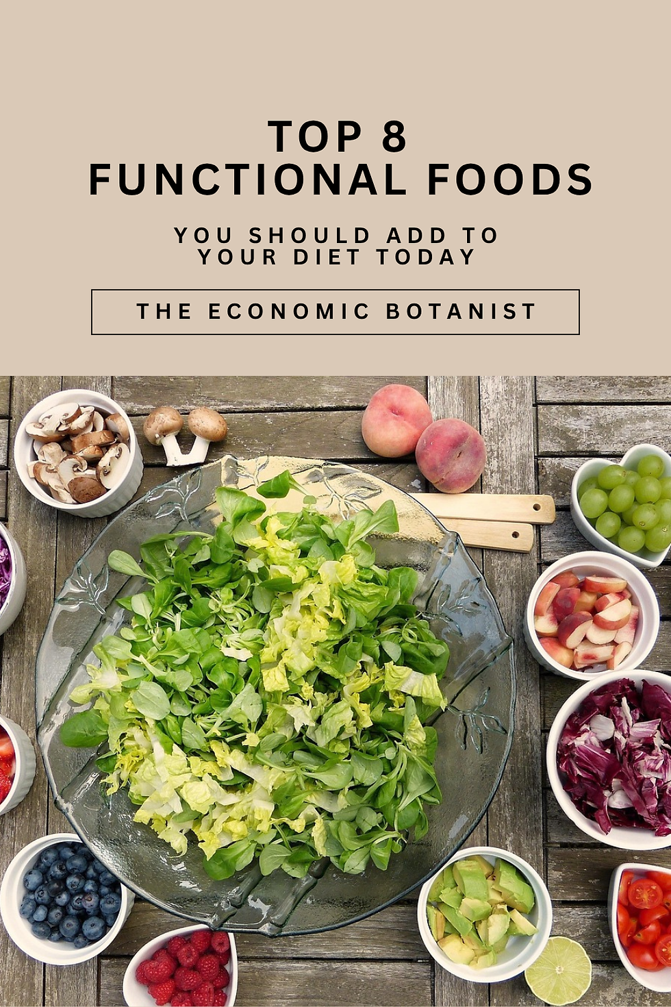 A table with diverse foods, including greens, fruits, and veggies. Text: "Top 8 Functional Foods" and "The Economic Botanist" above.