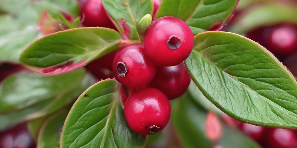 Close-up of bright red cranberries surrounded by vivid green leaves. The scene conveys freshness and the essence of nature. By www.theeconomicbotanist.com