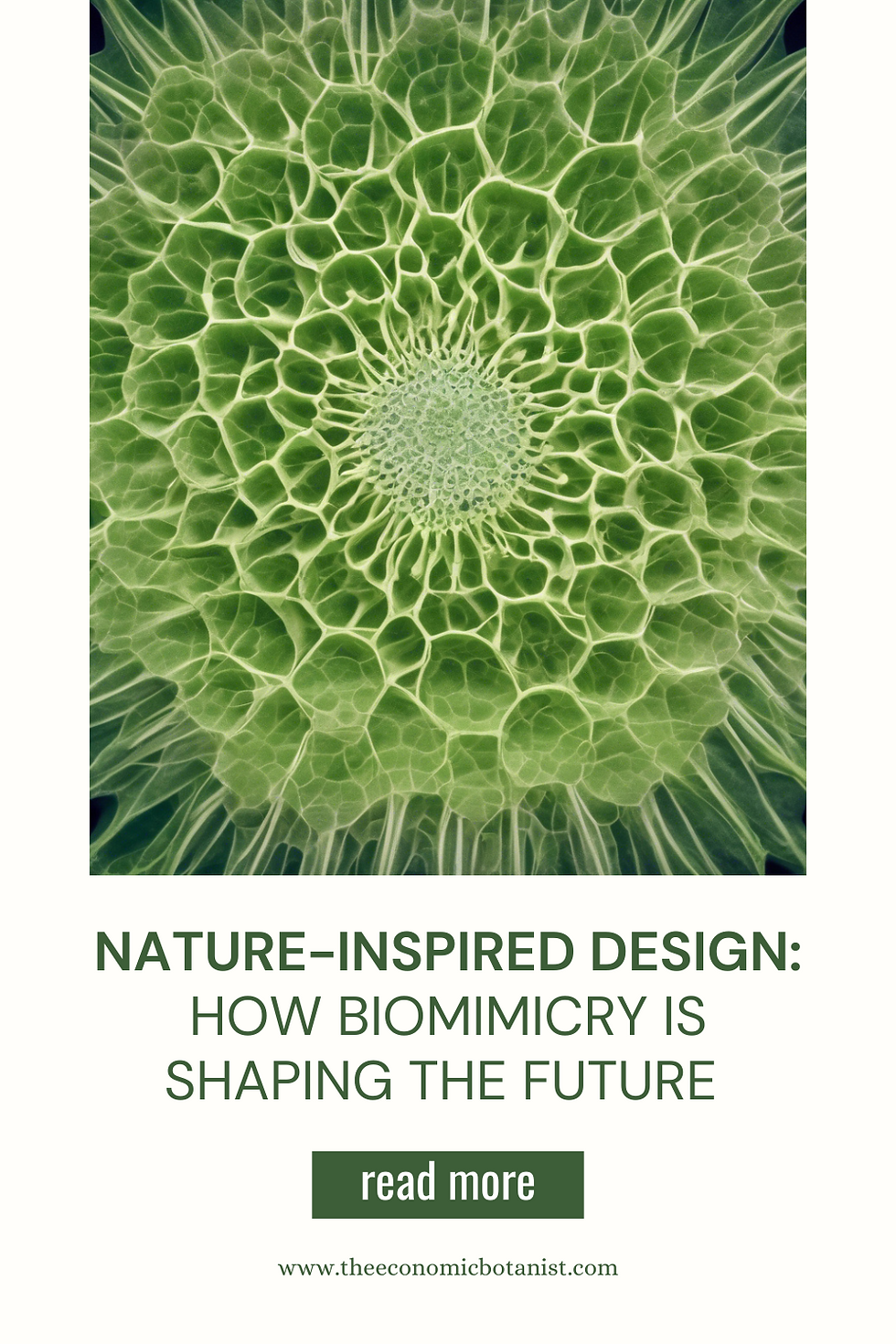 Green geometric pattern resembling a plant, text reads: Nature-Inspired Design: How Biomimicry is Shaping the Future. Mood: Innovative.
