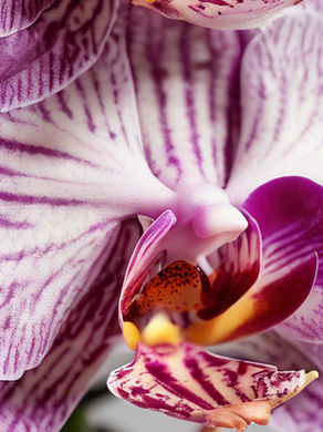 Purple and white striped orchids in bloom, close-up. Delicate petals with intricate patterns create a serene, natural ambiance.