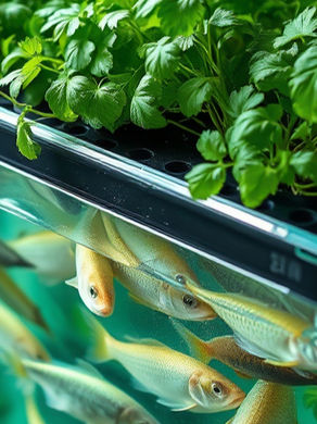 Plants grow in an aquaponic system with fish below