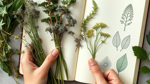 Hands holding an open sketchbook with pressed flowers on one page and leaf illustrations on the other, surrounded by fresh greenery.