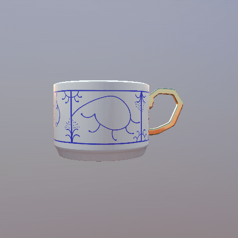An enchanting animated GIF showcasing a beautifully rendered 3D tea cup, inspired by centuries-old designs, bringing a touch of elegance and nostalgia to the scene.