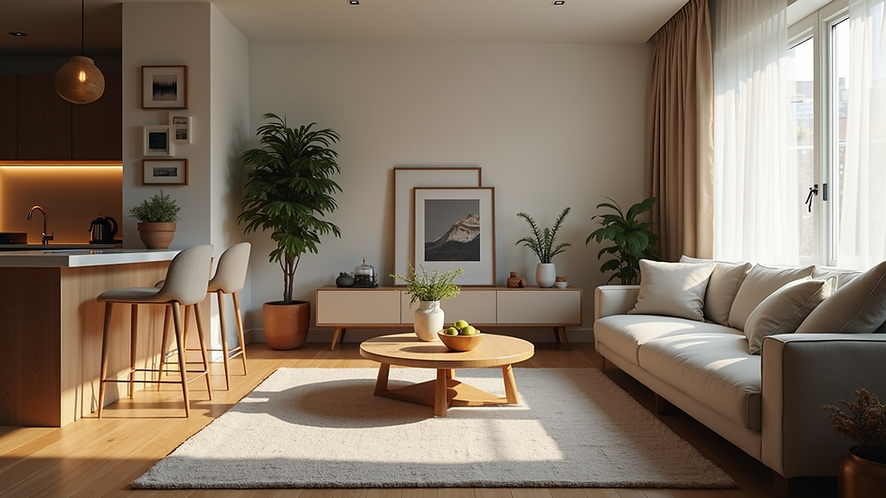 Eye-level view of a cozy rental apartment living room