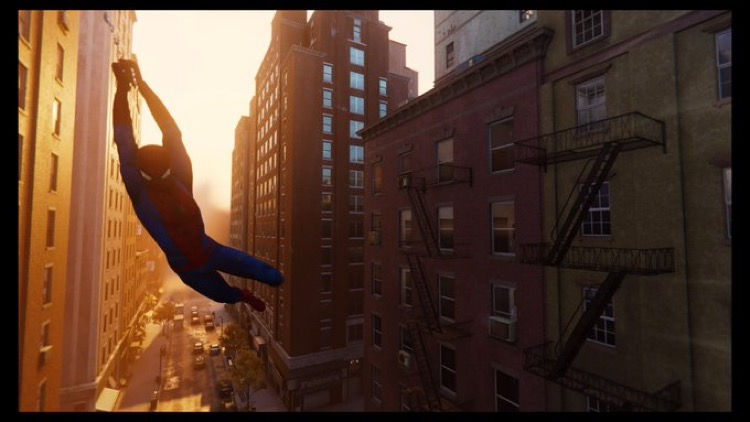 Spider-Man swinging between building