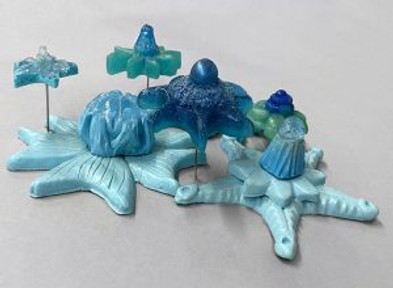 Detail image of resin flowers in various blues