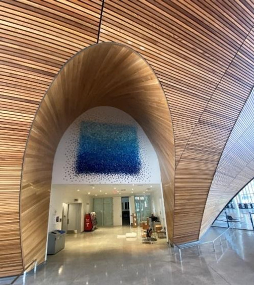 A cluster of blue resin flowers form a disappating square in an archway at Charles Library
