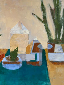 Jacqueline Boyd, "Still Life with Structures and Snake Plant" 2022. Oil on cradled panel, 30 x 36 x 2 inches.