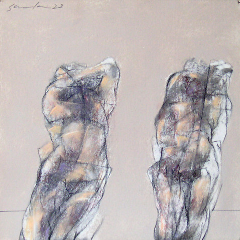 Samuelson hints at two figures using mixed media on ragboard in this abstract drawing.