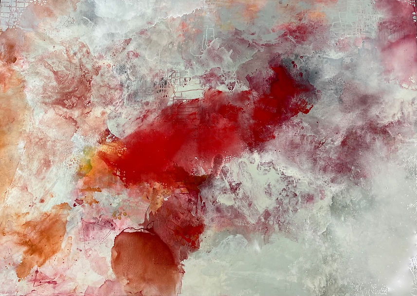 This expansive acrylic painting creates an environment all its own with the use of layered paint to create areas of transparency and opacity. Intentional dripwork creates a sense of movement while the deep reds and oranges in the center of the piece add a pulling depth and gravity.