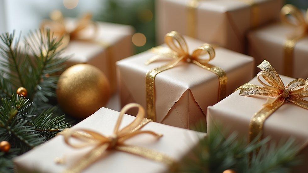 Close-up view of assorted wrapping supplies and decorative materials