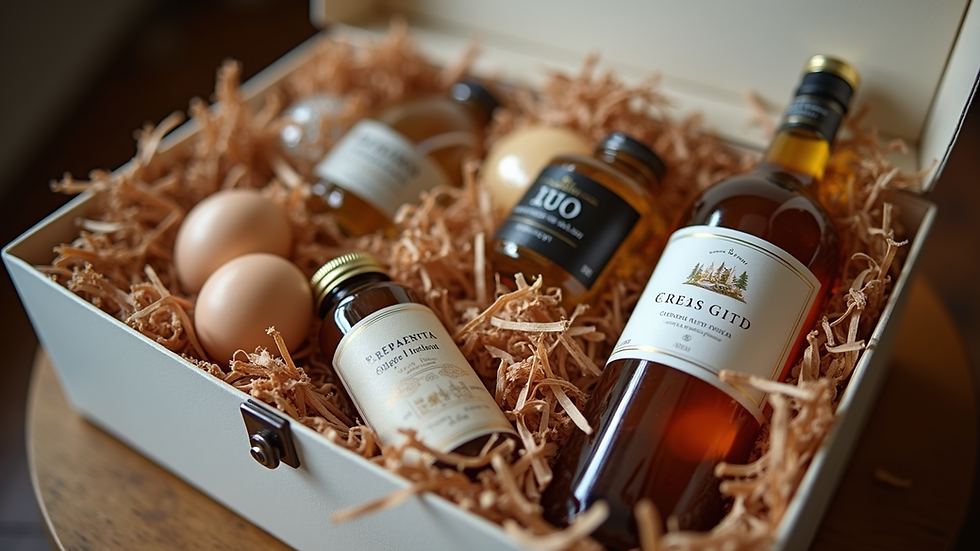 Eye-level view of an elegantly arranged personalized gift hamper