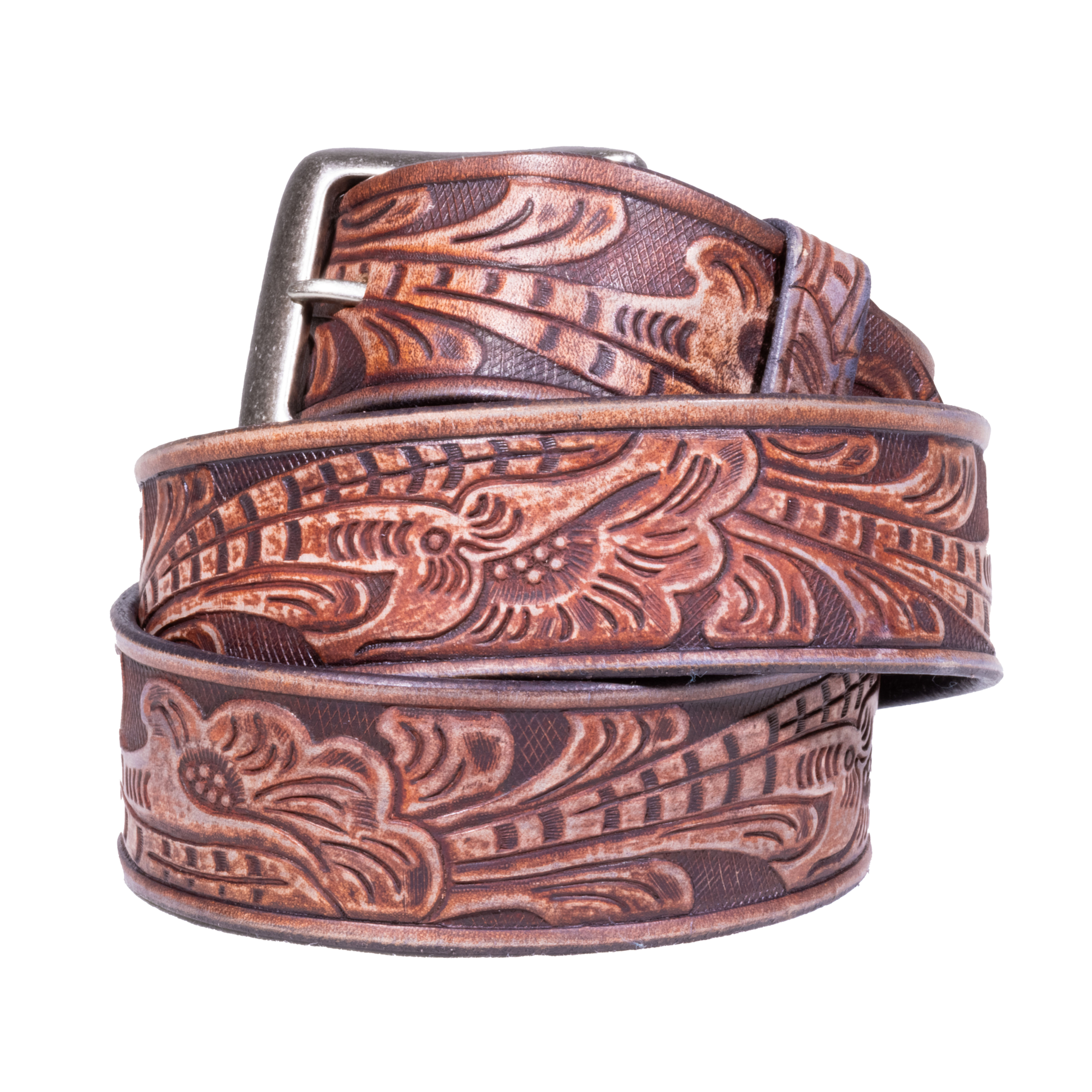 Brown embossed belt.