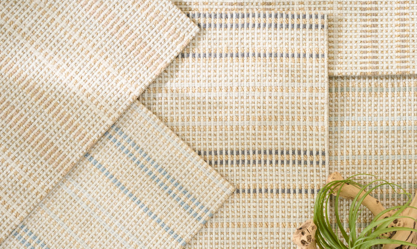 Colorway options for Nourison Sisal Trax carpet collection featuring coastal-inspired neutral and blue tones.