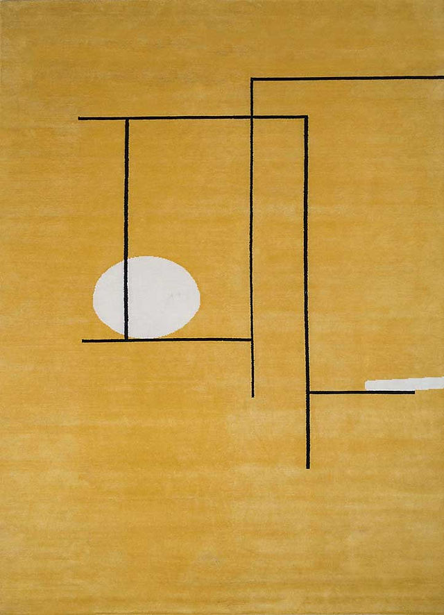 A minimalist wool rug in mustard with a linear design in black.