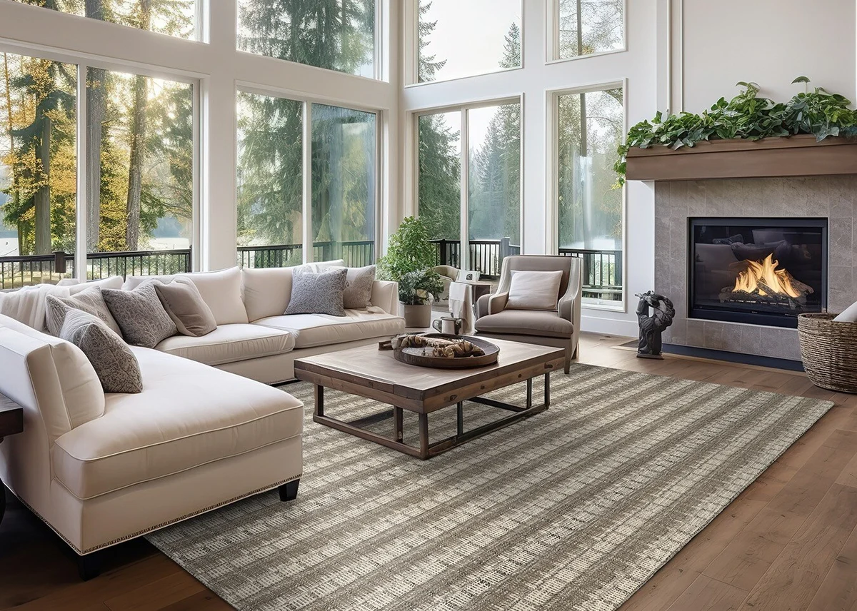 Meadowlands Plaid carpet from Stanton cut as area rug in family room.