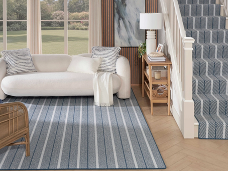 Nourison Westport Stripe carpet in Maritime, a blue and white stripe, installed as a customs sized area rug and stair runner in a costal home.