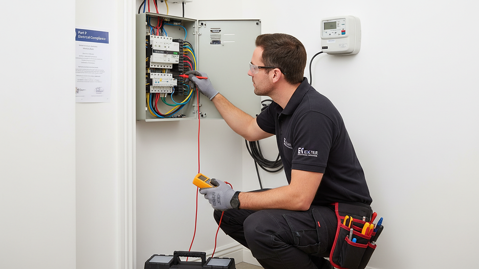 Eye-level view of a professional electrician inspecting a fuse board in a residential property