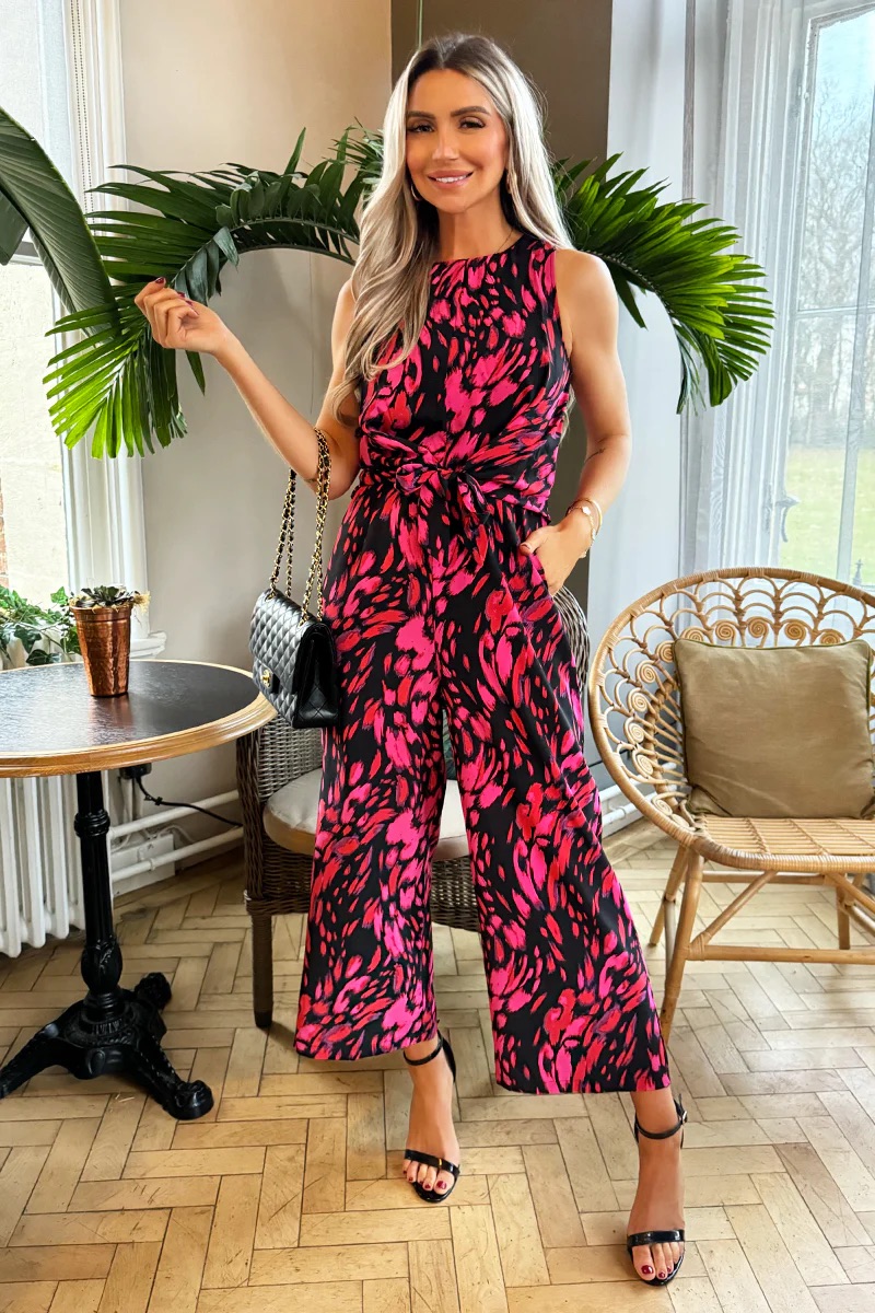 Thumbnail: Ax Paris - PA614 - Pink And Black Printed Sleeveless Knot Front Jumpsuit