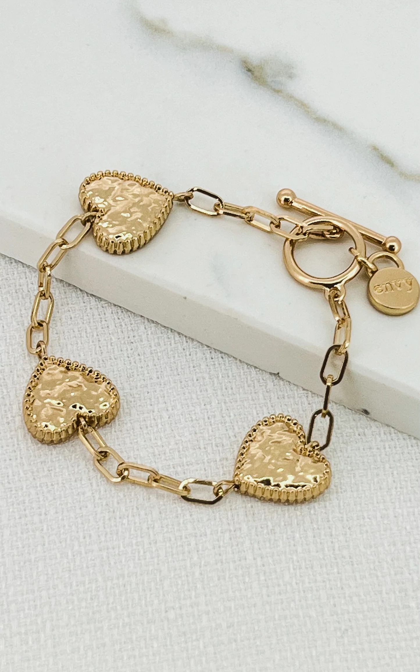 Envy 3041 Gold battered heart T bar bracelet Seasons Clitheroe