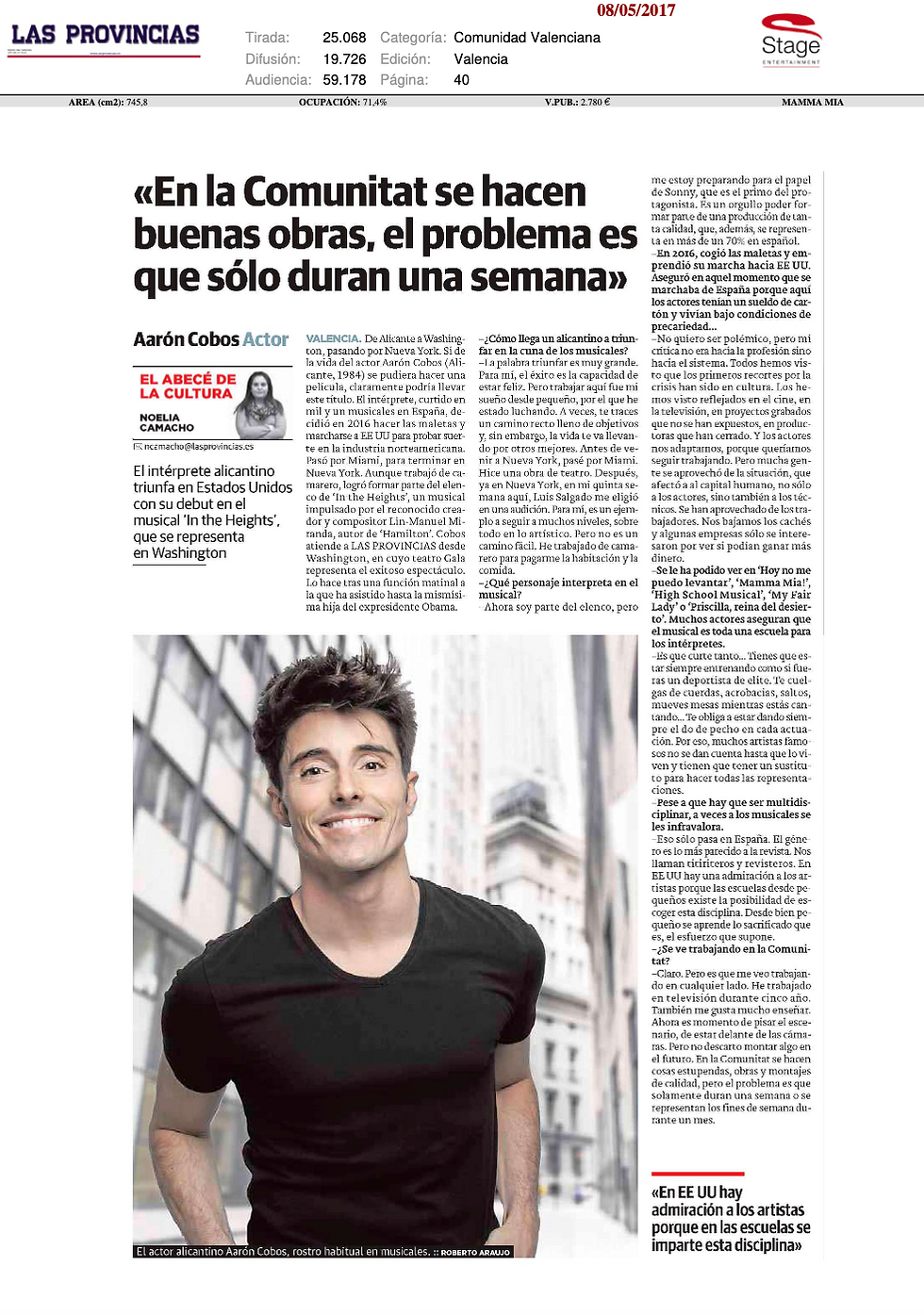 El intérprete alicantino Aarón Cobos triunfa en Estados Unidos con su debut en el musical 'In the Heights', que se representa en Washington