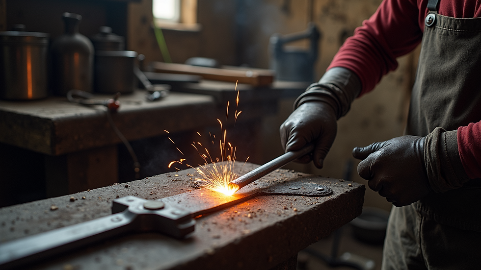 High angle view of a blacksmith workshop with various metal tools and projects