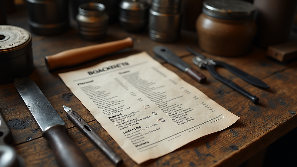 High angle view of a blacksmith pricing list and tools on a wooden table